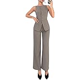 SOLY HUX Women's 2 Piece Business Casual Outfit Button Down Boat Neck Sleeveless Vest and Pants Set