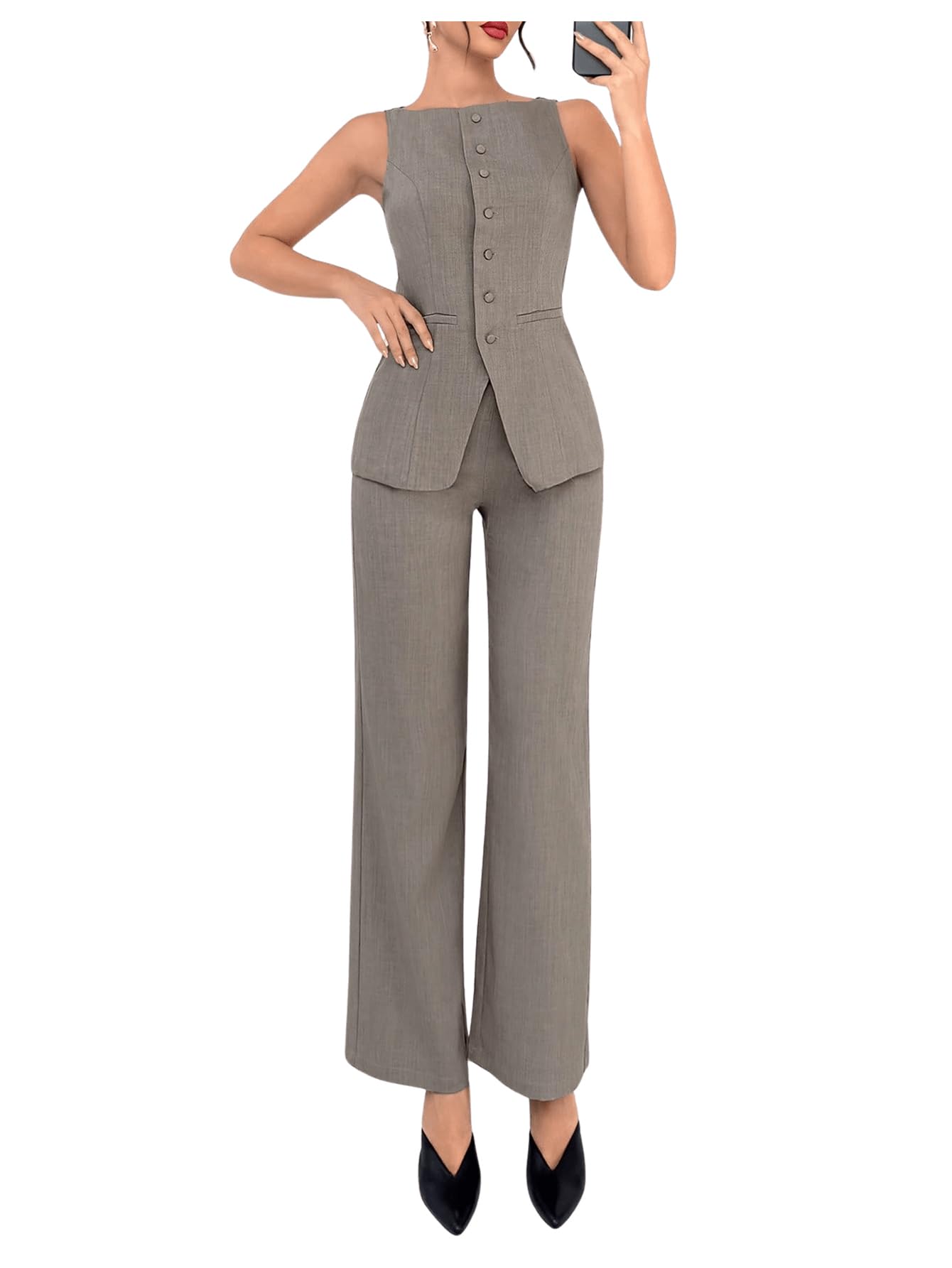 Photo 1 of SOLY HUX Women's 2 Piece Business Casual Outfit Button Down Boat Neck Sleeveless Vest and Pants Set Khaki Small