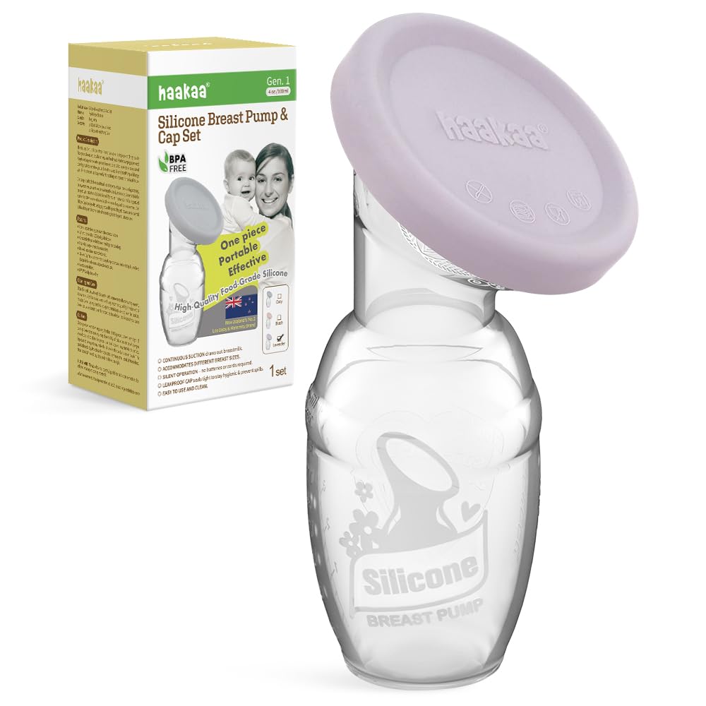 haakaa Manual Breast Pump – Patented Silicone Milk Collector, Continuous Natural Suction, Hands-Free & Silent Operation, Spill-Proof with Silicone Cap, 4oz/100ml Lavender