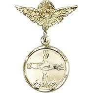 Gold Filled Baby Badge with Baptism Charm and Angel / Wings Pin