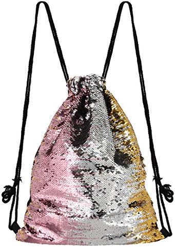 Candice Women Sequins Rope Drawstring Bag Shoulder Bag Satchel Sports Backpack Travel Daypack(Pink)