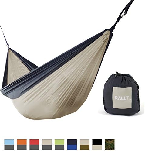Rallt Single Camping Hammock - Ripstop Parachute Nylon - Lightweight Camping Wilderness Survival Gear - Khaki/Charcoal