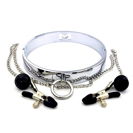 SM Metall Halsband Mit Nippelclip Zugkraft Kragen Hundesklave Folter Halsschloss zum Paare und Liebhaber,Black