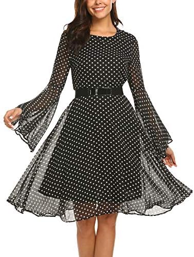 Hersife Women Polka Dot Flare Long Sleeve Casual Chiffon Swing Dress w Belt