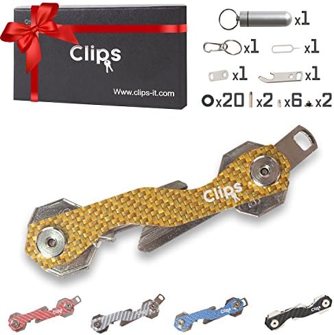 Smart Compact Key Holder Keychain - Made of Carbon Fiber &amp; Stainless Steel- Pocket Organizer up to 18 Keys- Lightweight, Strong-Key Gadget Includes Sim &amp; Bottle Opener, Carabiner &amp; More (Gold)