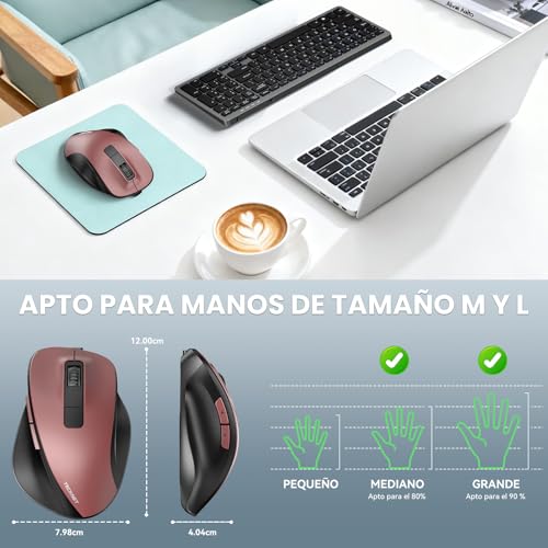 TECKNET Wireless Ergonomic Mouse, Rechargeable Bluetooth Mouse with 3 Devices (BT 5.0/3.0+2.4G), 4800DPI Silent Mouse with Thumb Rest for Laptop, Mac and PC, Red