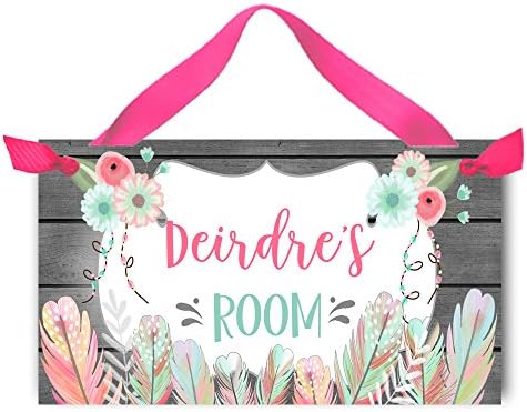 Toad and Lily Floral Feathers Tribal Grey Coral Feathers Door Sign Girls Forest Adventure Bedroom Nursery Wall Art Decor DS0503