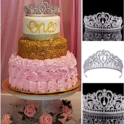 Silver Tiara Cake Topper Girls Women Birthday Party Crystal Rhinestone Beaded Princess Hair Accessory