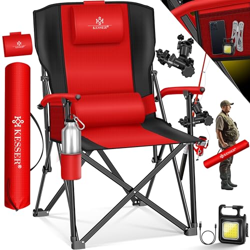 KESSER® Campingstuhl faltbar bis 160 kg | Angelstuhl Faltstuhl Klappstuhl Gepolstert mit Armlehnen | Campinglicht und Getränkehalter + Tasche mit hohe