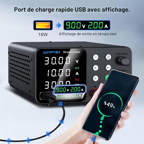 WANPTEK POWER 30V 10A Lab Power Supply with 3 Memories and Lock Key, Adjustable Stabilized Power Supply with OCP Protection/Outputs/USB Fast Charging/4 Digit LED Display