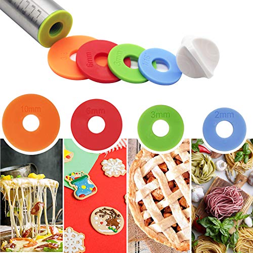Rolling Pin and Silicone Dough Mat Set, Stainless Steel Dough Roller with 4 Removable Adjustable Thickness Rings, Rolling Pins for Baking Pizza Crust, Pie, Pastries, Pasta and Cookies
