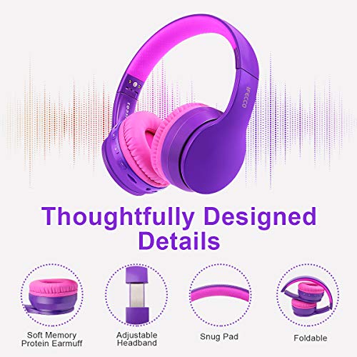 Bluetooth Headphones,IFECCO Bluetooth Headphones Over Ear、 Foldable Wireless and Wired Stereo Headset Micro SD/TF, FM, for Cell Phone,PC,Soft Memory-Protein Earmuffs(Purple)
