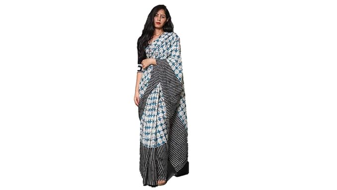 Cotton Hand Block Printed Saree Blue & Black