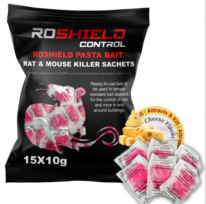 Roshield 150g Mouse & Rat Poisoning Pasta Sachets – Fast Acting Rodent Killer Bait, All Weather Single Feed, Ideal for Bait Stations Refill (15x10g)