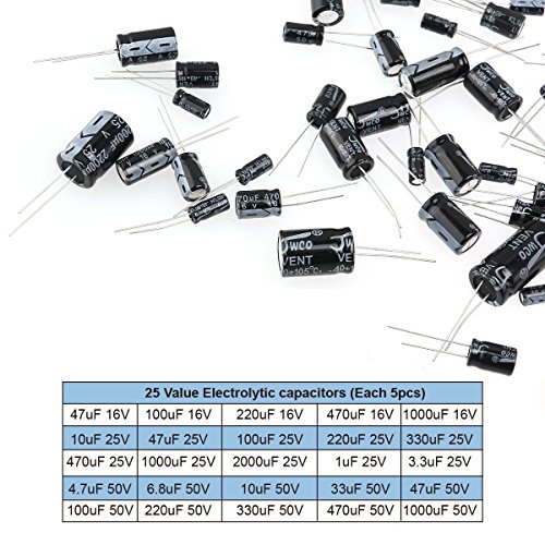 WINGONEER 25 Values 16V 25V 50V 1uF to 2200uF Electrolytic Capacitors Assorted Assortment Kit Set Black - 125PCS
