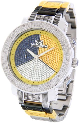 Mens Super Techno Genuine .76ct Diamond Watch Oversized Silver Case Half Diamond Metal Band w/ 2 Interchangeable Watch Bands