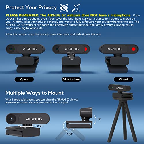 AIRHUG 2K Webcam Without Microphone with Privacy Cover, USB Webcam for Computer and Laptop Plug & Play Webcam without Audio, 78° Wide Angle Webcam for Streaming and Conferencing