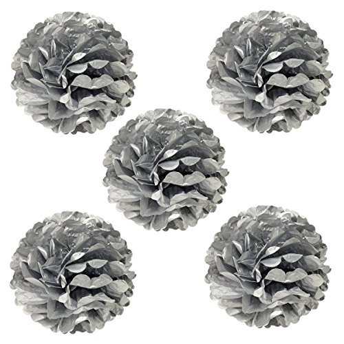 Wrapables 8" Set of 5 Tissue Pom Poms Party Decorations for Weddings, Birthday Parties Baby Showers and Nursery Décor, Metallic Silver