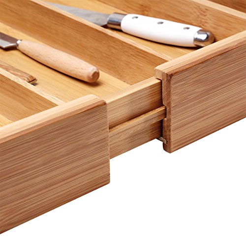 Bamboo Cutlery Utensil Tray Expandable Drawer Organizer Divider Flatware Silverware Holder Stationery Storage Mortise and Tenon Connection - Thumbnail 6