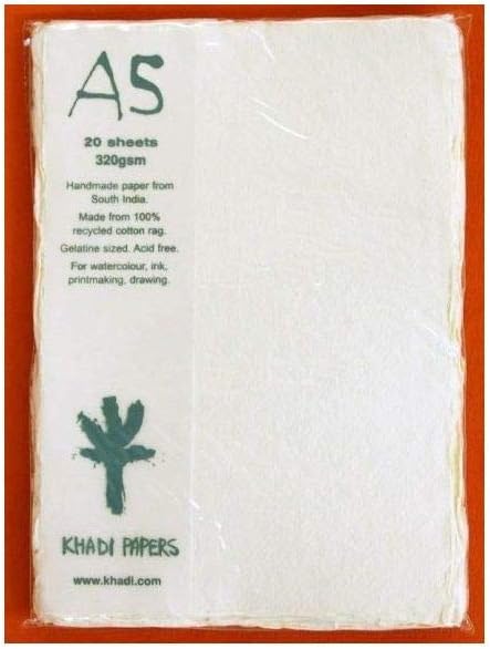 Khadi Papers Watercolour & Drawing Paper Polypack of 20 Sheets - 320 GSM - Smooth Texture - Size: A5 - Colour: White