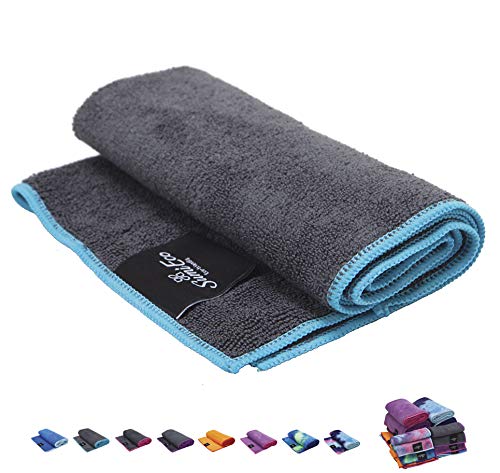 SUMI ECO ECO-FRIENDLY The Perfect Yoga Hand Towel 2SET – Super Soft, Sweat Absorbent, Multicolored Wicking, Non-Slip Bikram Hot Yoga Rug for Pilates Lovers (Hand Towel – Dark Gray | Blue Edge – 2pcs)