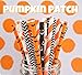 Charmed orange and black Halloween paper straw in pumpkin jack o lantern, bat, polka dot, chevron, stripe design. Pack of 125