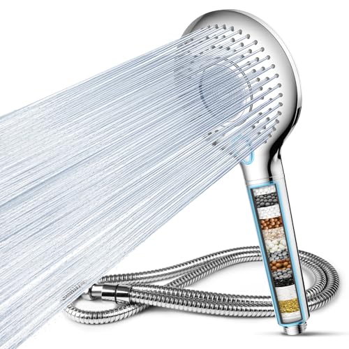 FEELSO Hard Water Filter Shower Head, 15 Stage Shower Filter 3 Spray Modes High Pressure ShowerHeads and 1.5m Hose, Residual Chlorine Remove Shower Filter, Handheld Shower Head and Hose Silver