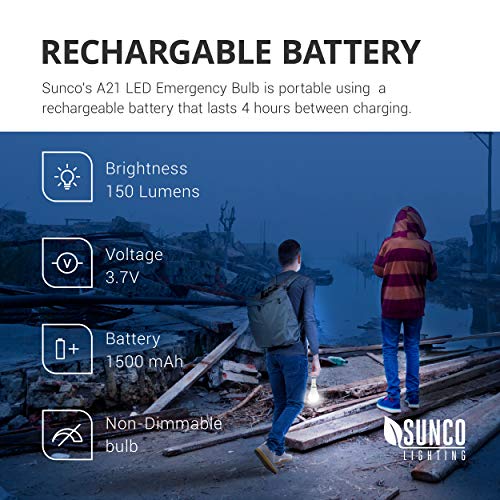 Sunco Lighting 6 Pack Rechargeable Emergency Bulb, A21, 11W, 4000K Cool White, E26, Battery Powered LED Bulb, 2 Hours Backup, Portable Camping Light - UL