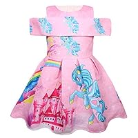 LingQiShiZu Little Girls Unicorn Rainbow Dresses Summer Flower Print Off Shoulder Party Dress 6T/5-6 Years Pink 1156