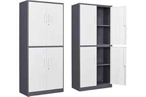 Anxxsu Metal Storage Cabinet, 71" Steel Cabinet with 2 Adjustable Shelves, Locking 4 Doors File Cabinet for Home, School, Office, Hospital, Garage Storage (Grey White)