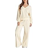 Herseas Women 2 Piece Outfits Sweatsuit 2025 Fall Casual V Neck Sweatshirt with Wide Leg Sweatpants Tracksuit Lounge Set