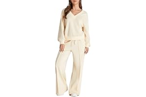 Herseas Women 2 Piece Outfits Sweatsuit 2025 Fall Casual V Neck Sweatshirt with Wide Leg Sweatpants Tracksuit Lounge Set