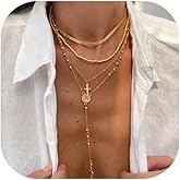 Metal Multi-layered Thin Beaded Choker Gothic Flat Chain Necklace Summer Beach Long Tassel Clavicle Chain Necklace Statement Cross Pendant Body Jewelry for Women