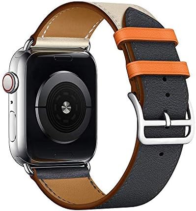 Angeland Triple Color Double Tour Leather Replacement Band Compatible with 44mm Apple Watch Series 4 and 42mm Apple Watch Series 3, 2, 1 - Indigo Blue & Beige & Orange