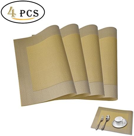 Lifebe Placemat for Table Heat-Resistant Washable Stain-Resistant Woven Kitchen PVC Vinyl Non-Slip Insulation 45 x 30 cm Set of 4 (Style A 4PCS, Golden gray)