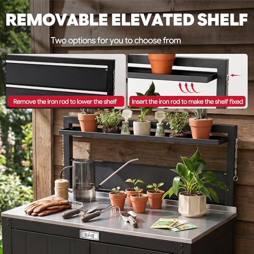 FEASTO Outdoor Potting Bench Table with Storage Cabinet, Stainless Steel Garden Workstation with Raised-Edge Top, Adjustable Shelf & Removable Hutch, Potting Table for Patio, Black/Coffee | Stainless Steel Garden Workstation, Raised-Edge Top, Adjustable Shelf & Removable Hutch, Patio, Balcony & Outdoor Workspace