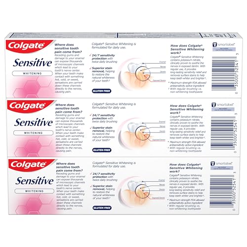 COLGATE WHITENING TOOTHPASTE FOR SENSITIVE TEETH, ENAMEL REPAIR AND CAVITY PROTECTION, FRESH MINT GEL, 6 OZ (PACK OF 3)