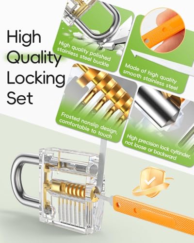 Eventronic Lock Pick Set, 36 Pieces Locksmith Pick Set with 4 Transparent Training Locks and Zipper Pocket, Guide for Beginners and Locksmiths Training, Orange