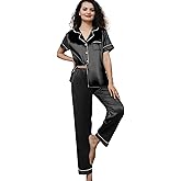 WJing Yi Jia Womens Pajamas Set XS-3XL Floral Silk Satin Pajama Sets Silky Pj Sets 2Pcs Loungewear Sleepwear Button Down Pjs