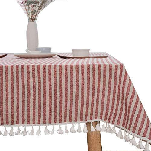 Bringsine Stripe Tassel Tablecloth Cotton Linen Stain Resistant Dust-Proof Table Cloth Cover for Kitchen Dinning Tabletop Decoration (Rectangle/Oblong,55 x 55 Inch, Pink)