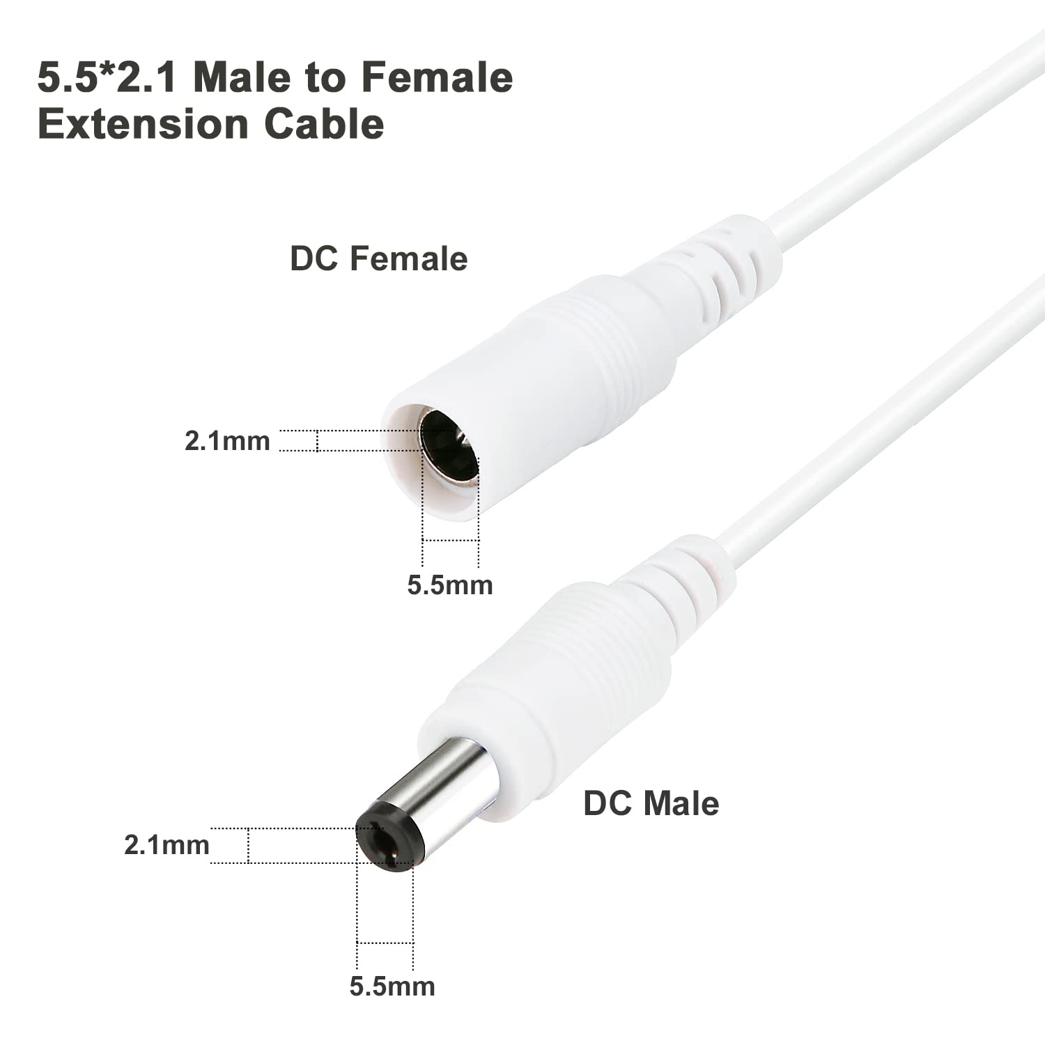 DC Power Extension Cable 33ft, 2.1mm x 5.5mm Plug Compatible with 12V DC Adapter Cord for CCTV Security Camera, IP Camera, Standalone DVR (33ft White)