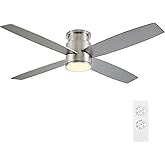 WINGBO 44 Inch Flush Mount DC Ceiling Fan with Lights and Remote, 4 Reversible Blades, Ultra Quiet 6-Speed DC Motor, Hugger Low Profile Indoor Ceiling Fan, Brushed Nickel Finish