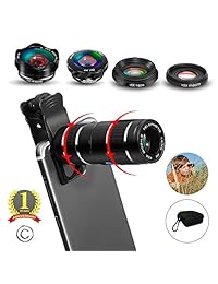 Kit de lentes para cámara de teléfono, 5 en 1,12 lentes telephoto, telescopio 4K HD, fotografía al aire libre, + gran angular 0,36 x y 15 lentes macro (2 piezas) + lente ojo de pez de 180°, para iPhone X 8 7 6s 6 Plus, Samsung, Tablet y más