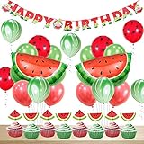JOYMEMO Watermelon Party Decorations Birthday for Boy or Girl Happy Birthday Banner Watermelon Agate Polka Dot Balloons Cupcake Toppers