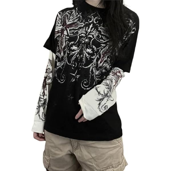 MLAFE Goth Long Sleeve Top Y2K Thorn Cross Print T-shirt