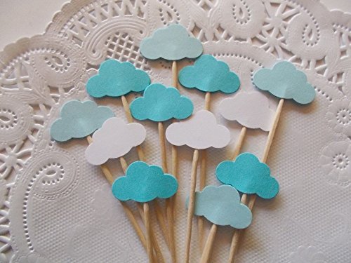 Small Cloud Cupcake Toppers - Cloud Baby Shower Toppers in Shades of Blue and White - Party Picks - Food Picks - Baby Sprinkle (Set of 24) - Thumbnail 2