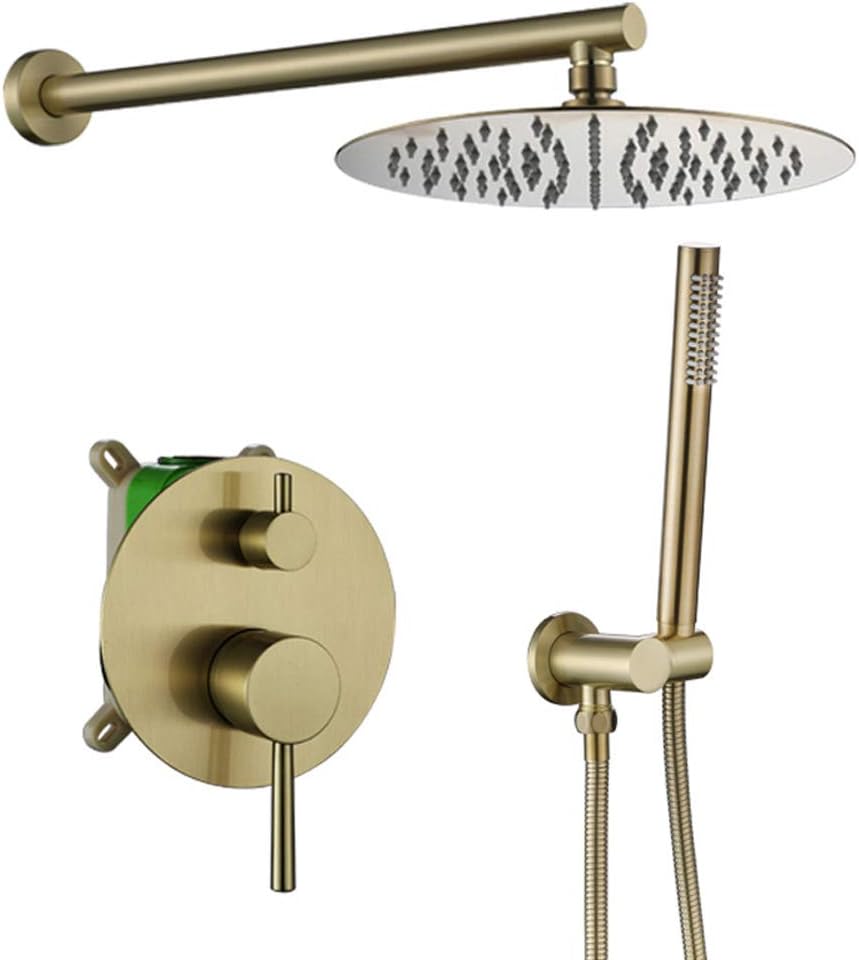 XSGDMN 13 Inch Round Bathroom Rain Mixer Combo Set Wall Mounted Rainfall Shower Head System Brushed Gold, (Contain Faucet Rough-In Valve Body And Trim)