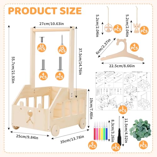 Wooden Baby Basket, Gift for Newborn Boy Girl, Baby Shower Basket, Bear Design, with Clothes Rack and Wheels, Decoration for Children's Room, Natural Colour