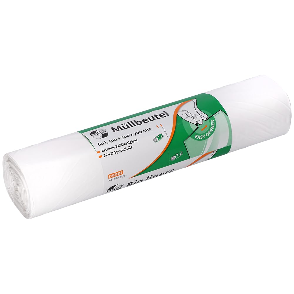 Deiss First 36519 Bin Liners 60 Litres, 600 mm x 700 mm, 50 per roll white