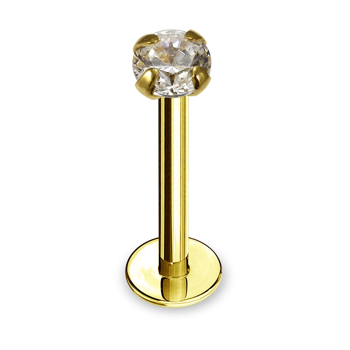 AZARIO LONDON 14K Solid Yellow Gold 16 Guage Hollow Internal Lip Labret with 3MM Clear CZ Stone Tragus Bar Piercing